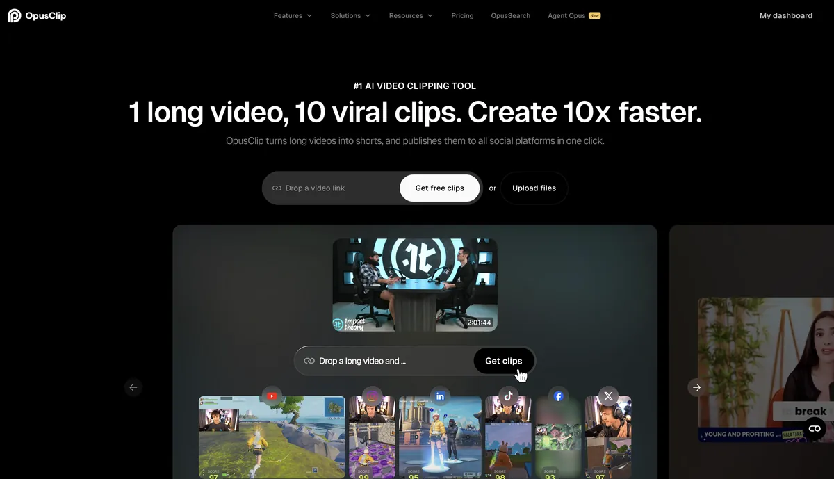Opus Clip AI interface for creating viral video shorts