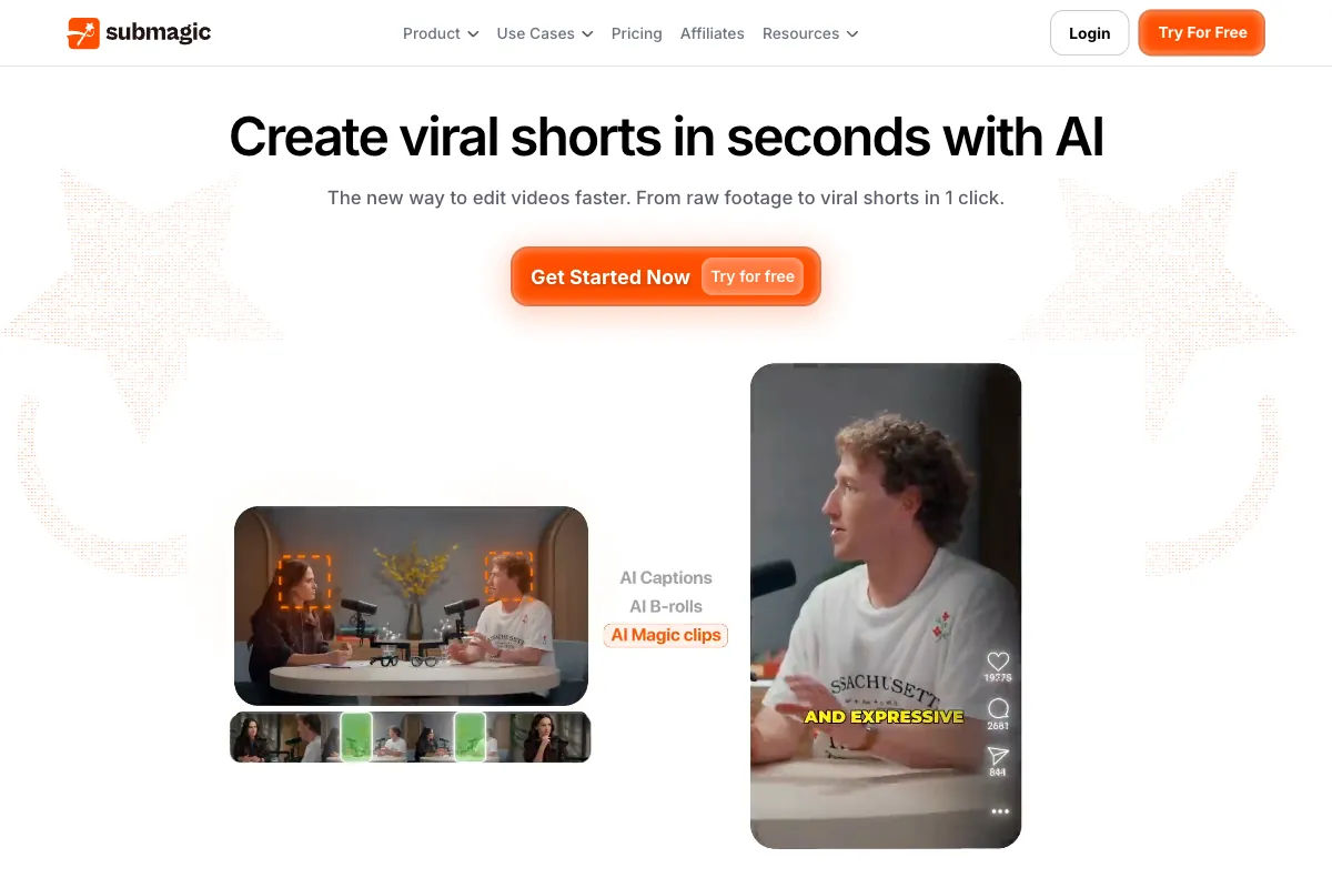 Submagic AI animated captions interface showing trendy subtitle styles and Magic B-Roll features